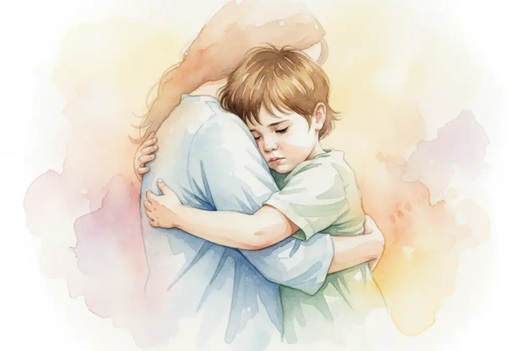 Illustration eines Kindes, das sich an eine erwachsene Frau schmiegt, symbolisiert eine stabile, liebevolle Beziehung.