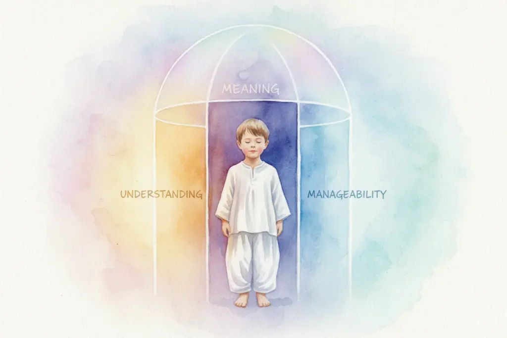 Illustration eines Kindes in meditativer Pose, umgeben von den Konzepten Bedeutung, Verständnis und Handhabbarkeit, in einem farbenfrohen Aquarellstil.