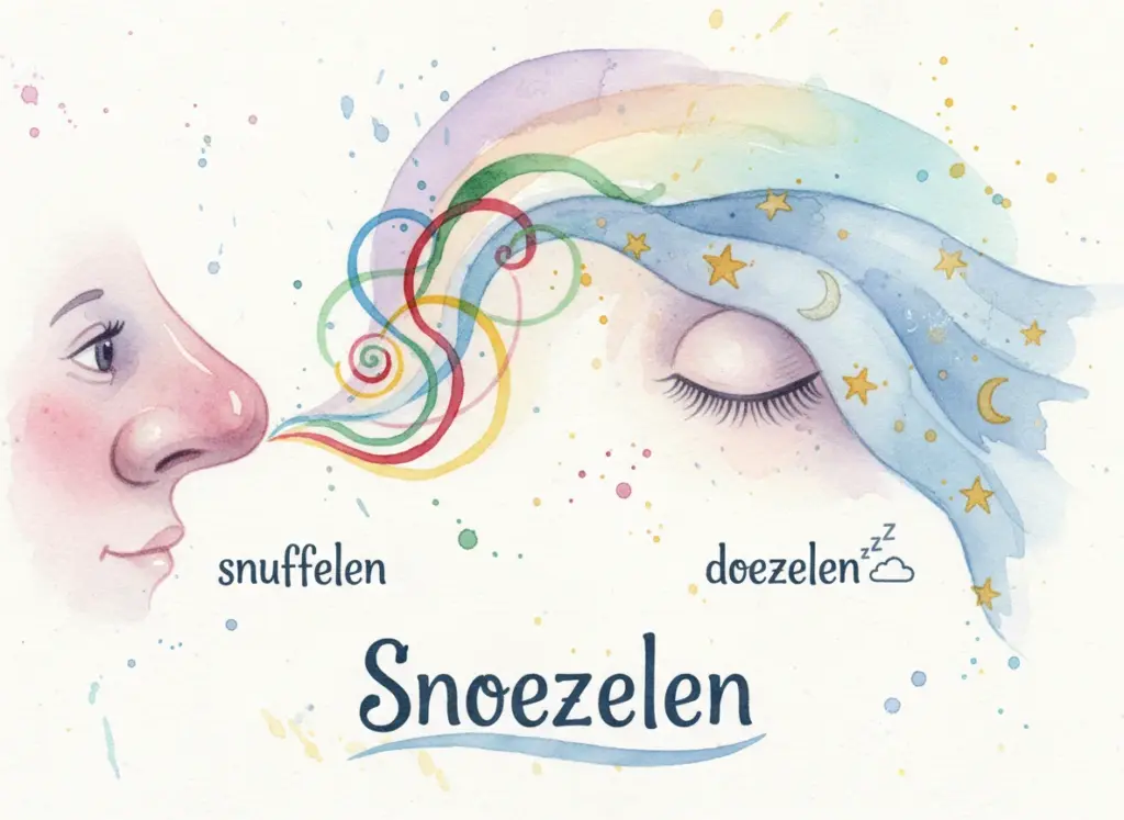 Illustration des Snoezelen-Konzepts mit zwei Profilansichten: Links eine Nase die schnuppert, rechts das  geschlossene Auge eines schlummernden Mernschen.