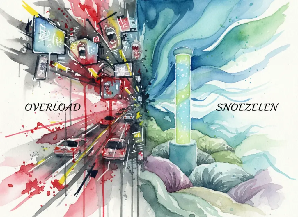 Kontraste zwischen einer hektischen, überladenen Stadtumgebung und einem beruhigenden Snoezelen-Raum, dargestellt in einer farbenfrohen Illustration. Links hektischer Straßenverkehr, rechts Entspannung in einer sensorischen Umgebung.