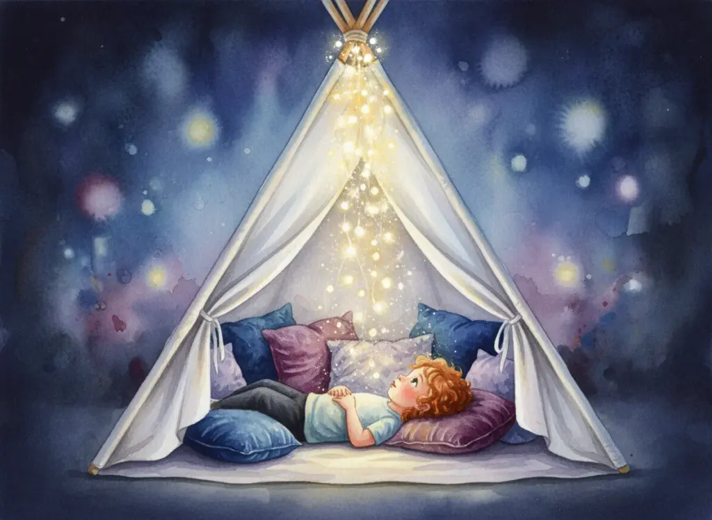 Kind in einem mit Kissen ausgestatteten Baldachin-Zelt, umgeben von leuchtenden Sternenlichtern, träumt im Lichtschein.
