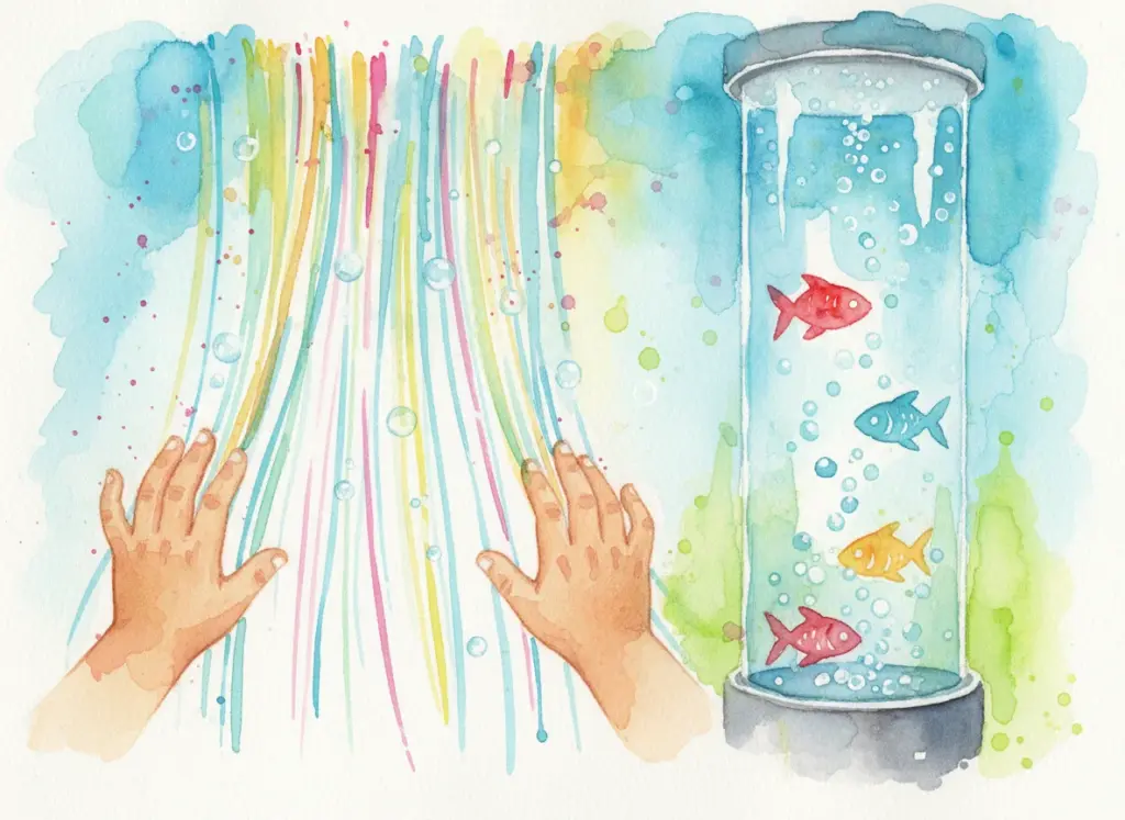 Kind berührt bunte Lichtfasern neben einer Blasensäule mit Spielzeugfischen, demonstriert den visuellen und taktilen Reiz.