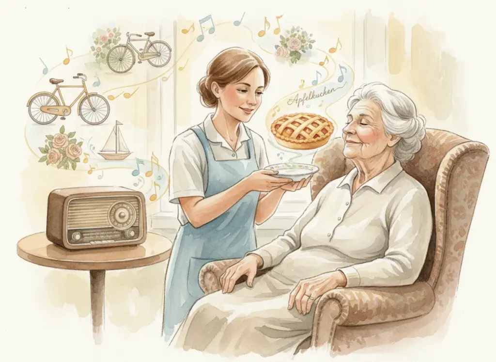 Eine Altenpflegerin lässt eine ältere Dame am Apfelkuchen riechen, diese wird von nostalgischen Erinnerungen wie einem alten Radio, Noten und Fahrrädern aus der Kindheit umgeben.