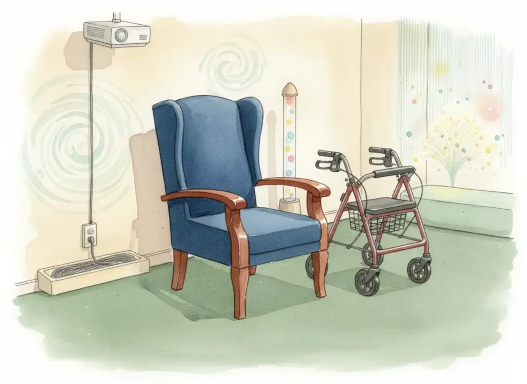 Barrierefreier, gemütlicher Raum mit blauem Sessel, Gehhilfe und bunter Wassersäule,