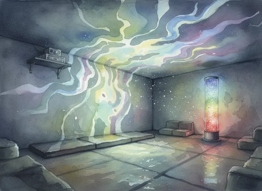 Snoezelen-Raumdesign, mit einem Projektor der ein Wassermuster an die Wand projiziert, Wassersäule und gemütlichen Sitzpolstern und Liegepolstern.