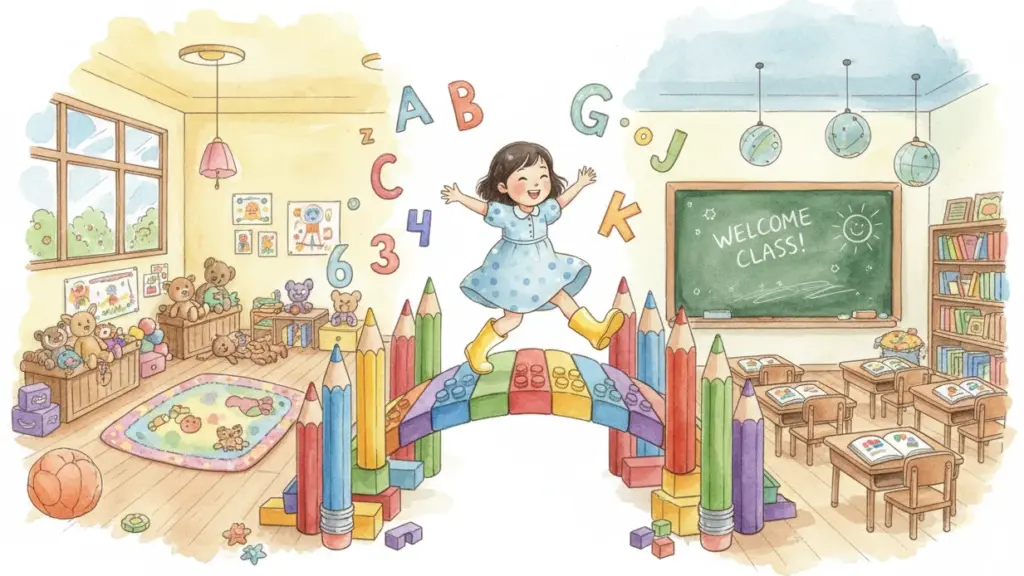 Ein fröhliches Kind springt auf einem bunten Bleistiftbogen zwischen einem bunt dekorierten Kindergartenraum mit Spielzeug und einem Klassenzimmer mit Tafel und Lehrmaterialien.