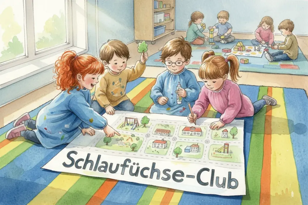 Ältere Kinder aus dem Schlaufüchse-Club  malen gemeinsam an einem großen Plakat , während die kleineren Kinder im Hintergrund mit Bausteinen bauen.
