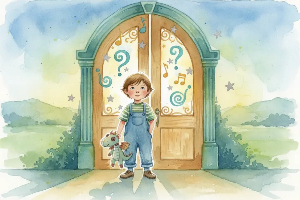 Junge in blauer Latzhose vor einer Schultür mit Fragezeichen und Musiknoten, hält ein Stofftier und steht im sonnigen Licht, umgeben von fantasievoller Landschaft; symbolisiert Neugier und Zuversicht.