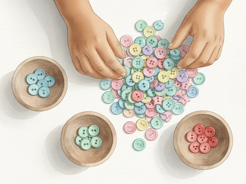 Kinderhände sortieren bunte Knöpfe in Schalen, fördert das Verständnis von Mengen.