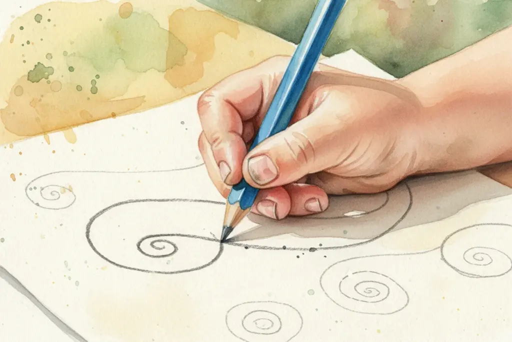 Kindliche Hand zeichnet Spiralen auf Papier mit einem Bleistift, fördert die Graphomotorik.