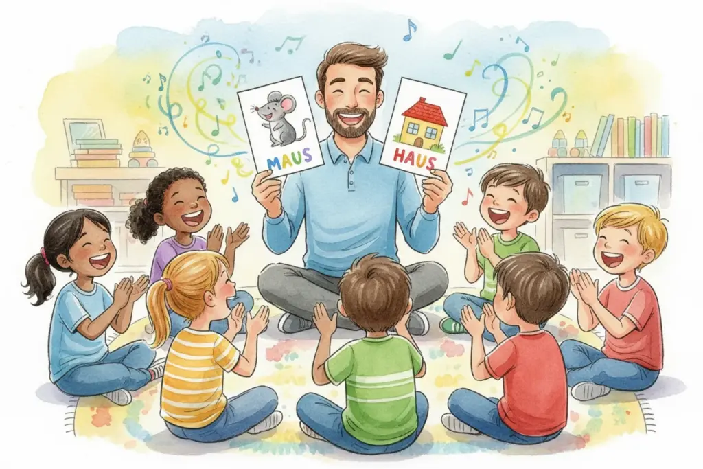Erzieher in fröhlicher Lernrunde mit Kindern, hält Karten mit den Reimwörtern „Maus“ und „Haus“, die Kinder klatschen begeistert.