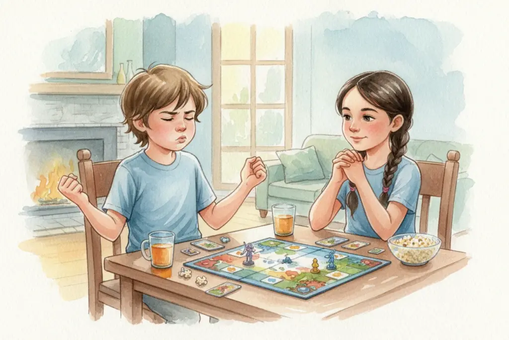 Ein Junge und ein Mädchen spielen ein Gesellschaftsspiel am Tisch, der Junge holt tief Luft um seine Frustration beim Spiel zu kontrollieren.