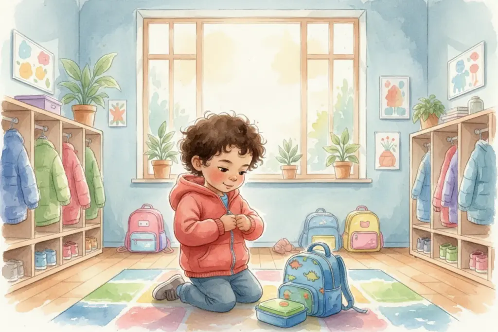 Kind im Kindergarten packt seinen Rucksack und schließt den Reißverschluss an der Jacke, umgeben von bunten Jacken und Pflanzen.