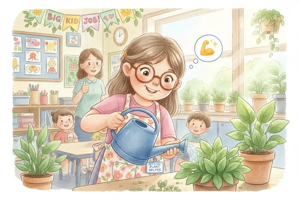 Mädchen gießt Pflanzen im Kindergarten, während die Erzieherin und andere Kinder zuschauen; Thema frühkindliche Entwicklung und Verantwortung übernehmen.