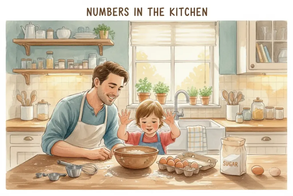 Vater und Kind backen in einer gemütlichen Küche, lernen spielerisch Zahlen beim Messen der Zutaten, mit Mehl und Eiern auf dem Tisch.