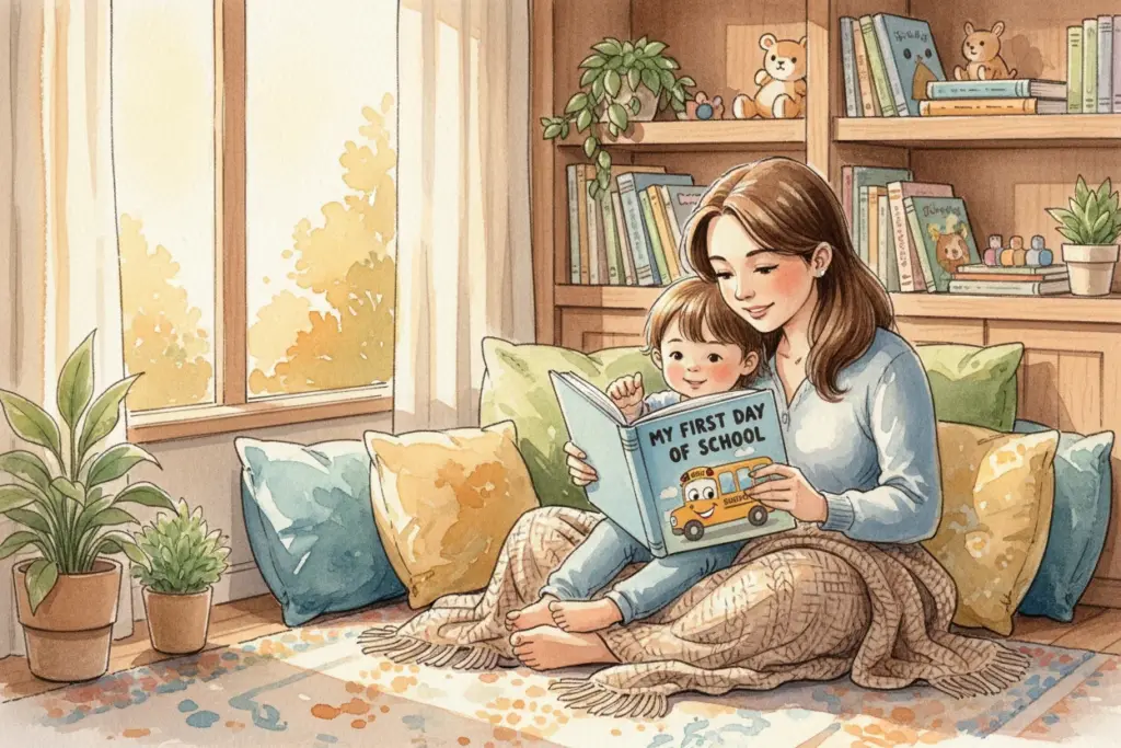 Mutter und Kind lesen gemeinsam ein Buch über den ersten Schultag, umgeben von Pflanzen und Büchern in einem gemütlich eingerichteten Wohnzimmer, das eine warme Atmosphäre schafft.